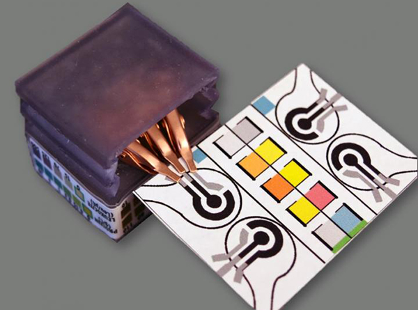 This new paper-based diagnostic device detects biomarkers and identifies diseases by performing electrochemical analyses; the assays change color to indicate specific test results. The device can plug into a handheld potentiostat