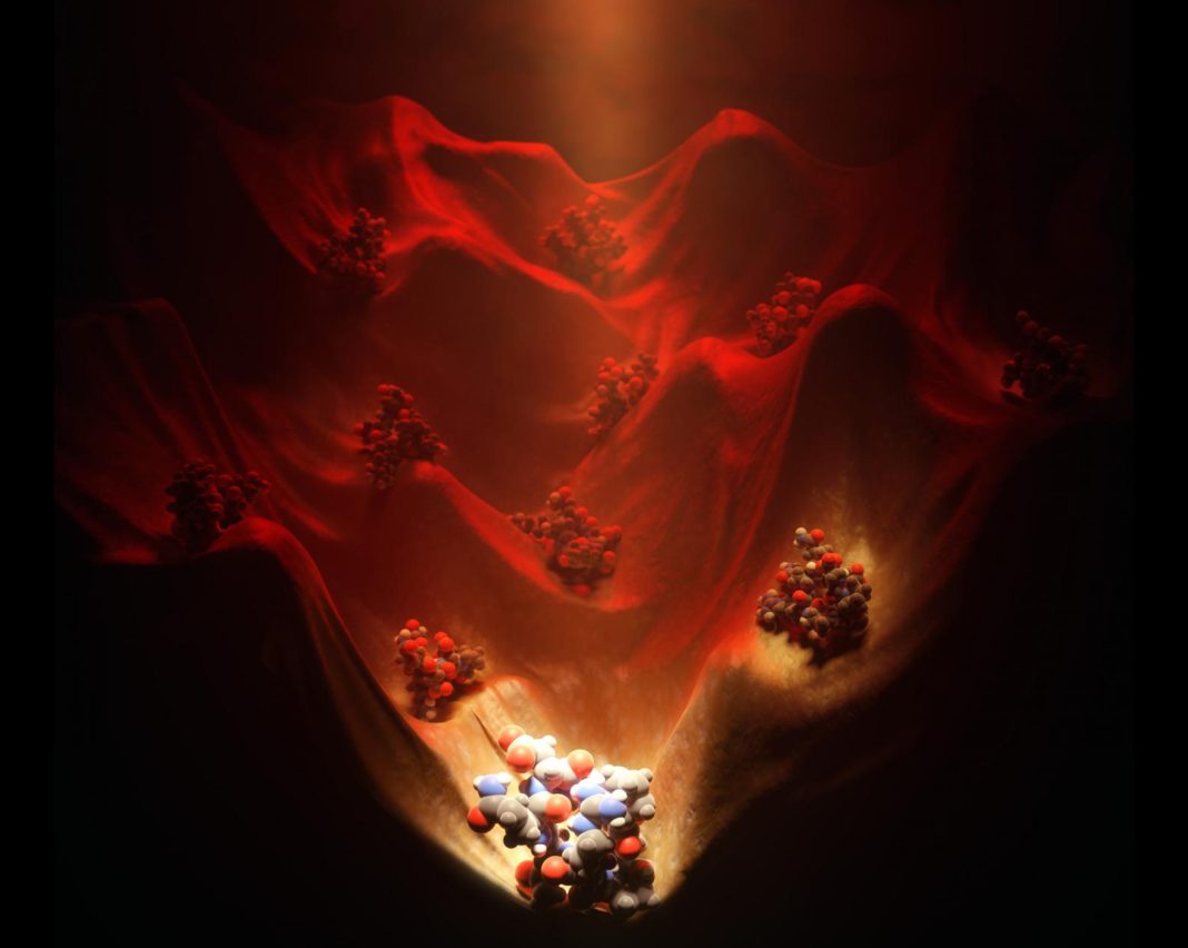 An artist's conception of the power of computational design to explore and illuminate structured peptides across the vast energy landscape. [Vikram Mulligan/University of Washington Institute for Protein Design]
