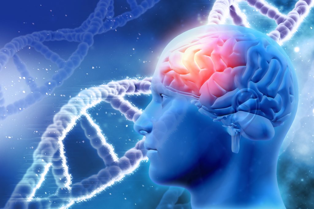 3D medical background with brain and DNA strands