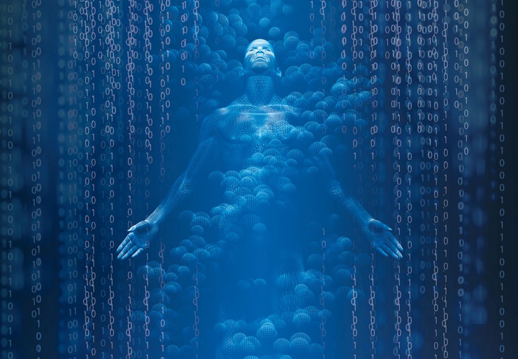 Data behind outline of man with DNA surrounding him