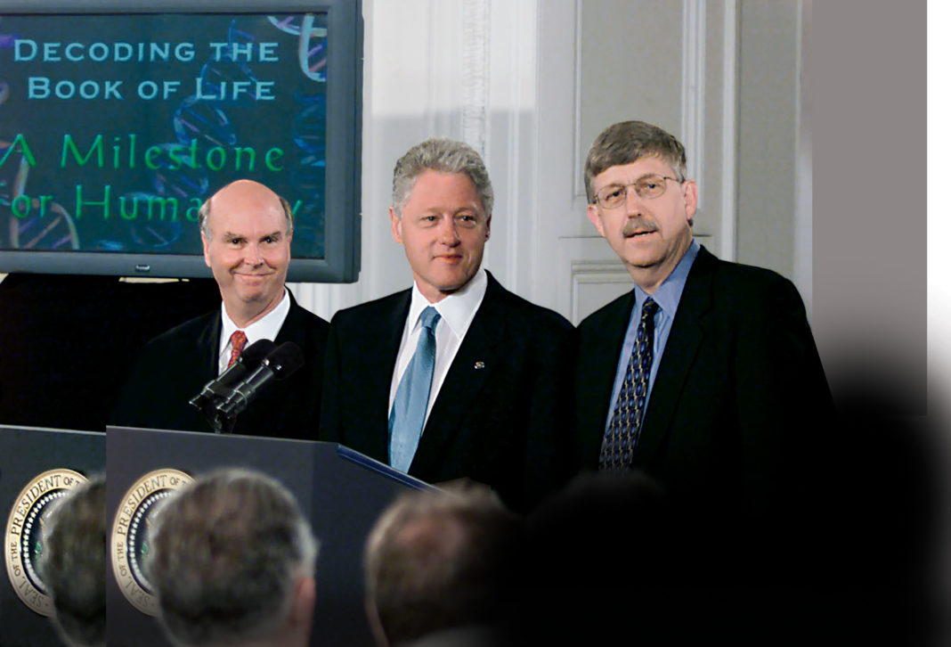 Bill Clinton between J. Craig Venter (left) and Francis S. Collins