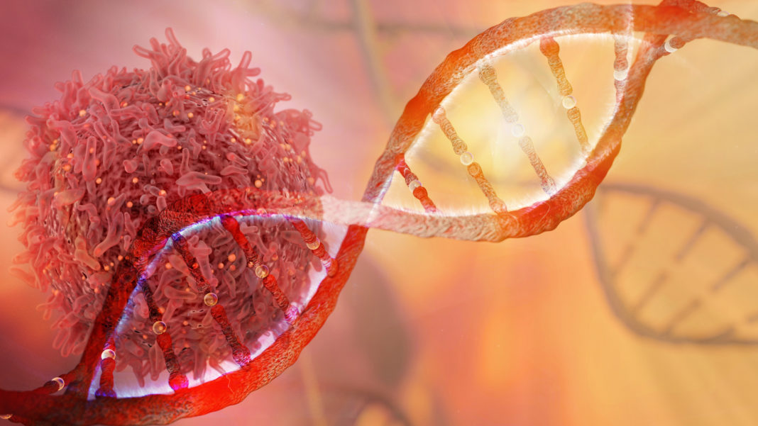 DNA strand and Cancer Cell - stock photo