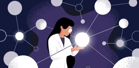 illustration female lab tech looking at brain