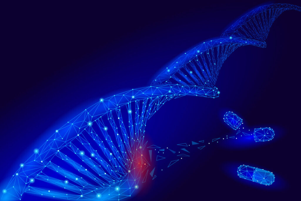 Gene therapy DNA 3D chemical molecule structure low poly. Polygonal triangle point line healthy cell part. Innovation blue medicine genome engineering vector illustration future business technology