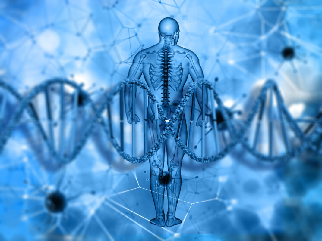 3D medical background with male figure and DNA strand