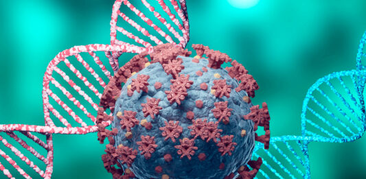 Coronavirus and DNA, virus mutation. New variant and strain of SARS CoV 2. Microscopic view.