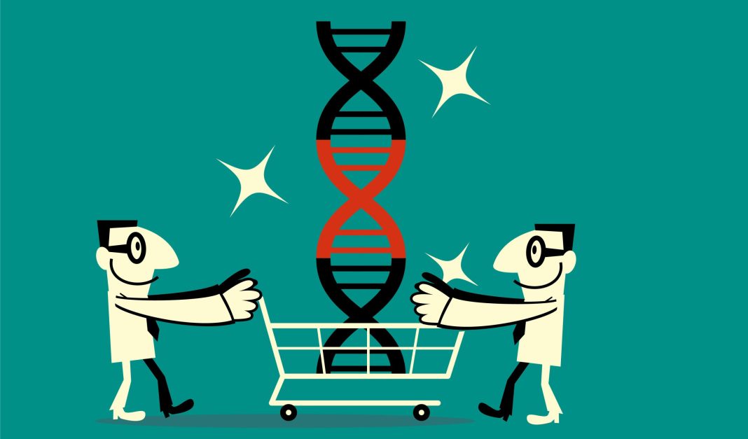 Man pushing a shopping cart with genetically modified food. Genetic engineering