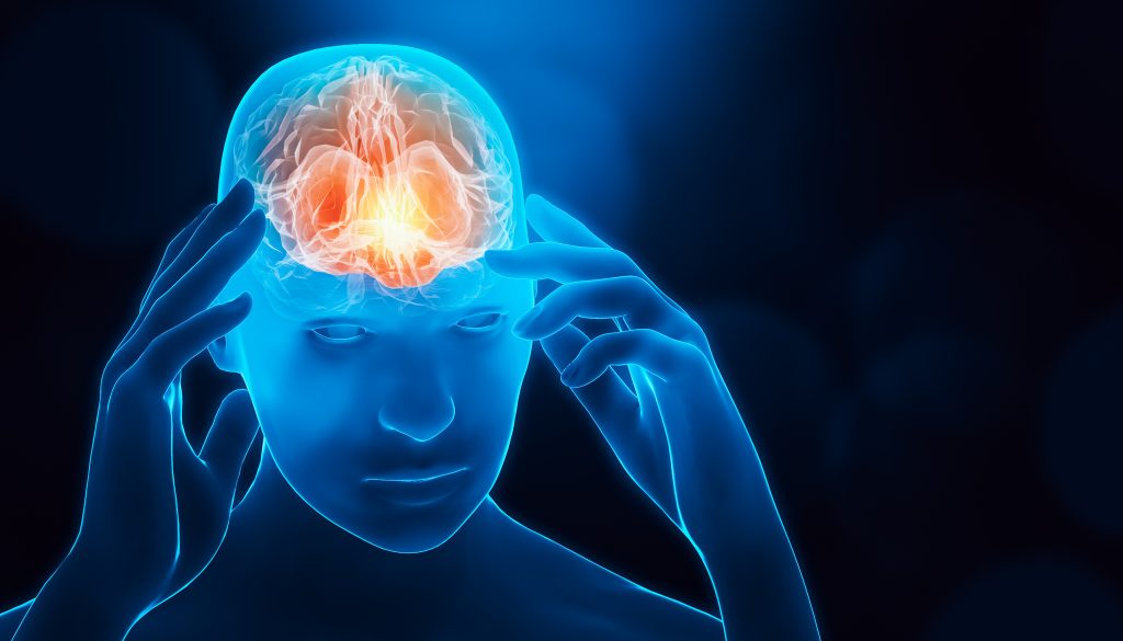 Male portrait with hands touching his temples. Brain activity, injury, pain, headache, illness or sickness, meditation, thinking, healing, relaxation conceptual 3d rendering illustration with copy space.