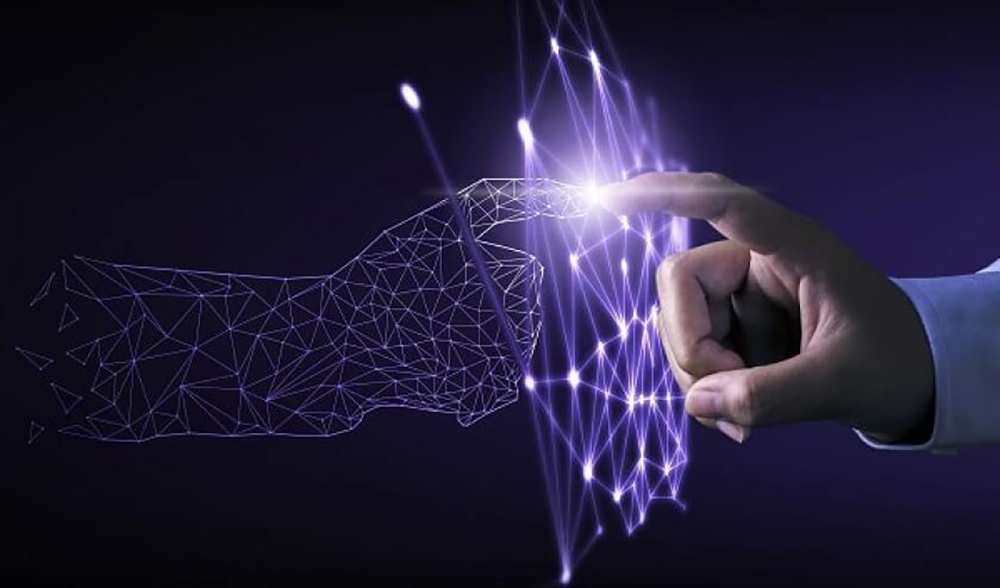 Hand touching modern interface digital transformation and metaverse concept. Connection next generation technology and new era of innovation.