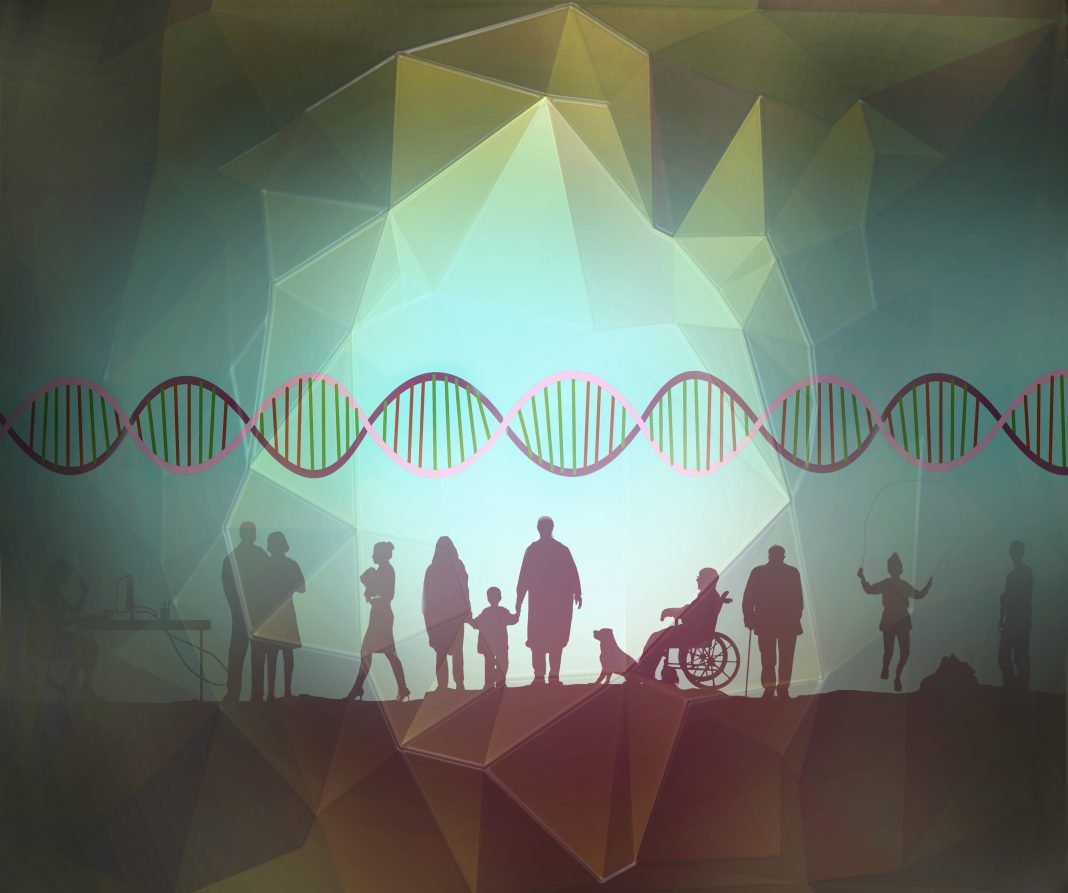 concept image of a diverse group of people silhouetted against an abstract background with a double helix depicting genetic research and chromosomes