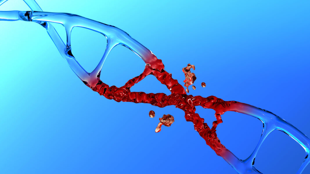 human dna structure with glass helix destroyed, transition to liquid, deoxyribonucleic acid on blue background, nucleic acid molecules, change, break in chemical structure, 3d rendering, copy space