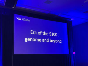AGBT 2024, Utima Genomics $100 Genome presentation screen