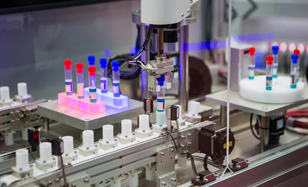 Robot arm with test tube virus in laboratory