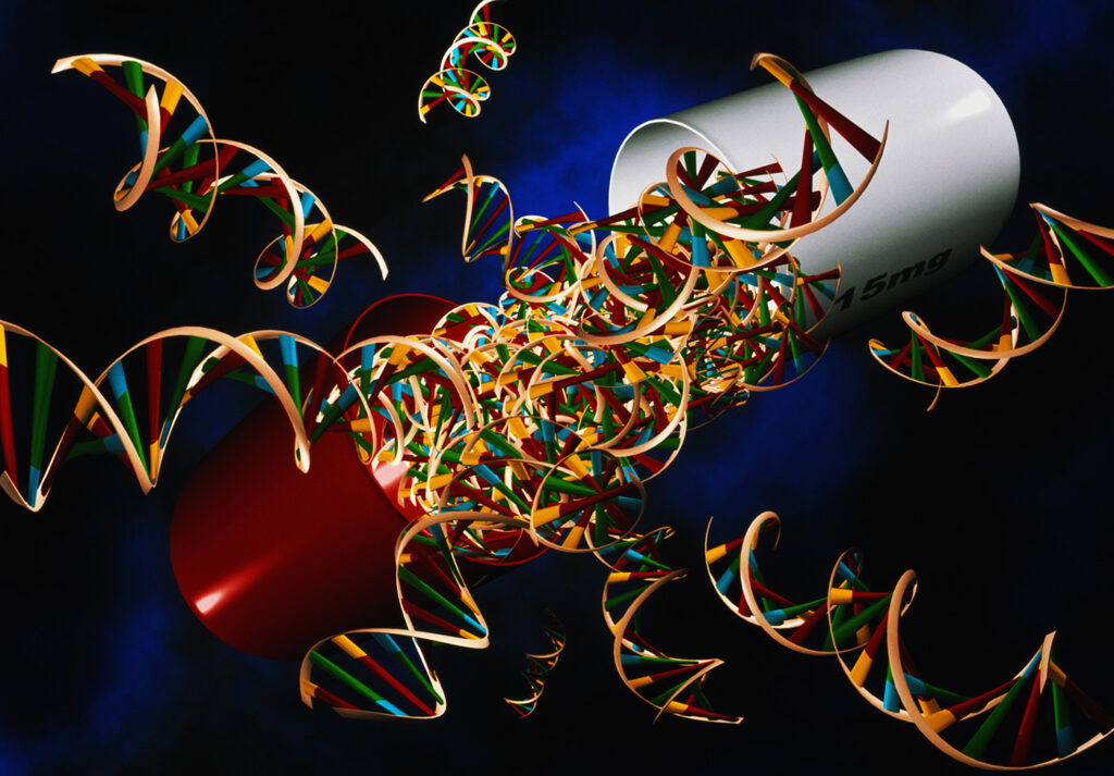 DNA helices spilling from open pill casing