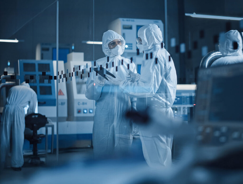 Factory Cleanroom: Engineer and Scientist Wearing Coveralls
