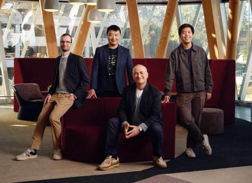 Genyro team (from left to right): Noah Robinson, PhD, Kaihang Wang, PhD, Adrian Woolfson, MD, PhD, and Brian Hie, PhD.