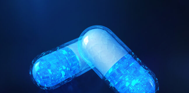 Digital healthcare AI concept of the transparent smart pill with circuit and network.