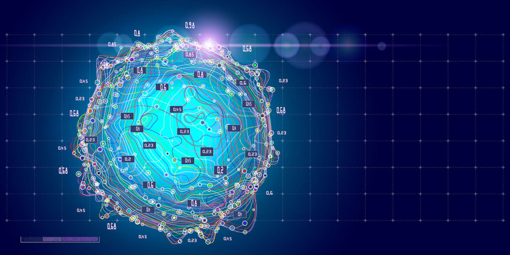 Big data. Abstract concept of layered analysis curve paths data. Noise sphere with color curves and lens effect. Banner for business and science design.