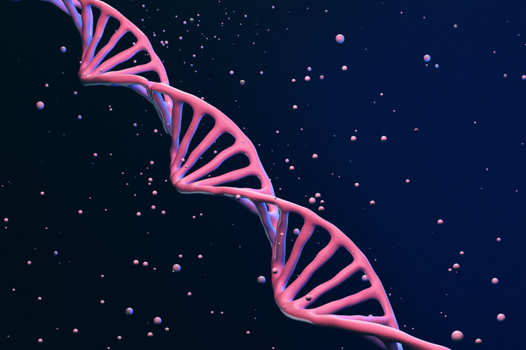 Glowing DNA helix representing genetic science biotechnology and future medicine
