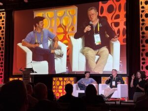 Dylan Livingston, founder and president of The Alliance for Longevity Initiatives (A4LI) (left) and William Van Etten, PhD (right) in conversation at Bio-IT World 2026 [Uduak Thomas]