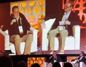 An image showing Sebastien Lefebvre, head of technology, data and AI, Aurelis Insights (right) and William Van Etten, PhD, co-founder, CEO & Principal Scientist, StarfleetBio (left) in conversation at Bio-IT World 2026. [Uduak Thomas]