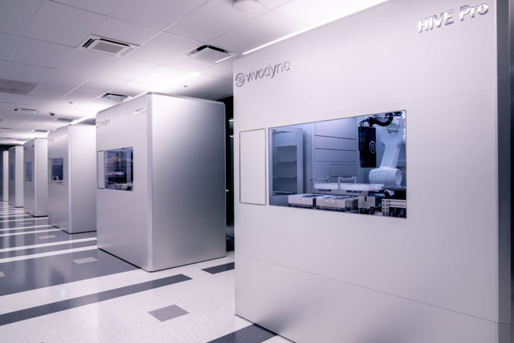 A row of automated human-tissue testing machines in Vivodyne’s Human Datacenter. [Vivodyne]