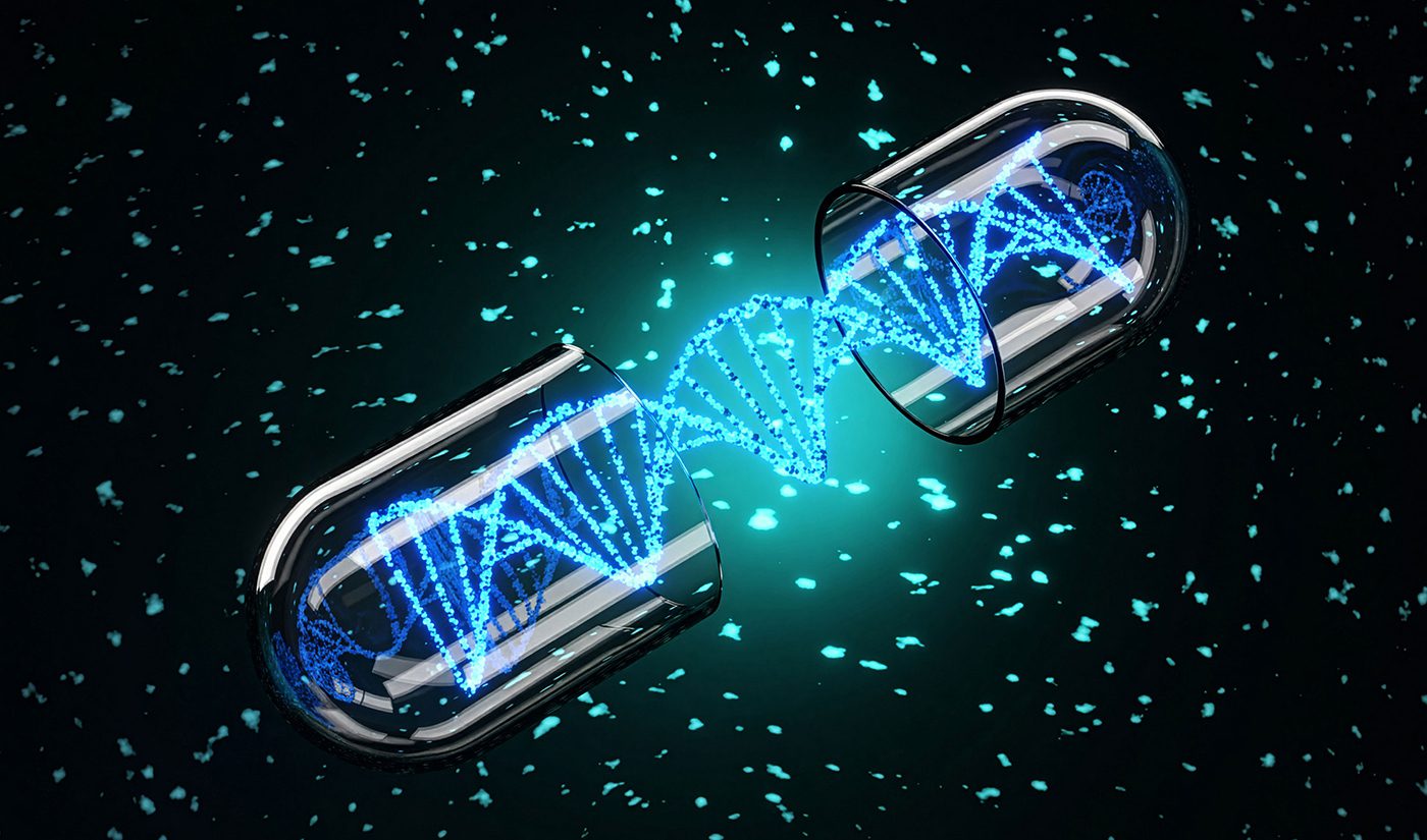 AI_FAY-drug_discovery_GettyImages-2233502325 DNA strand inside an open transparent capsule