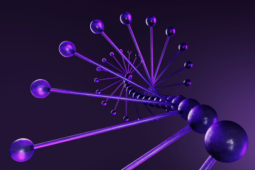 Abstract dna double helix structure forming violet spiral