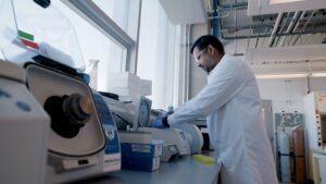 Srijak Bhatnagar, PhD, at work in his laboratory at Athabasca University