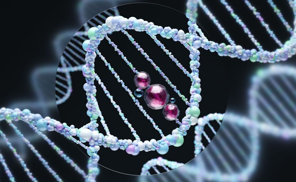 Close-up of a genetically modified DNA molecule through a circle in glass on a black background