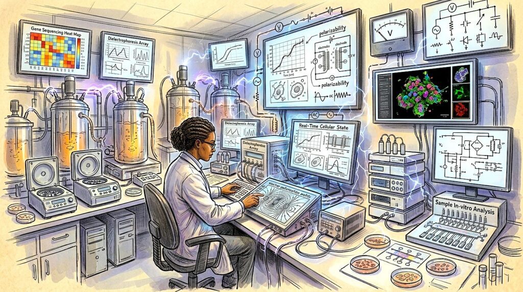 AI created image of a researcher in front of a large computer with bioprocess tanks nearby